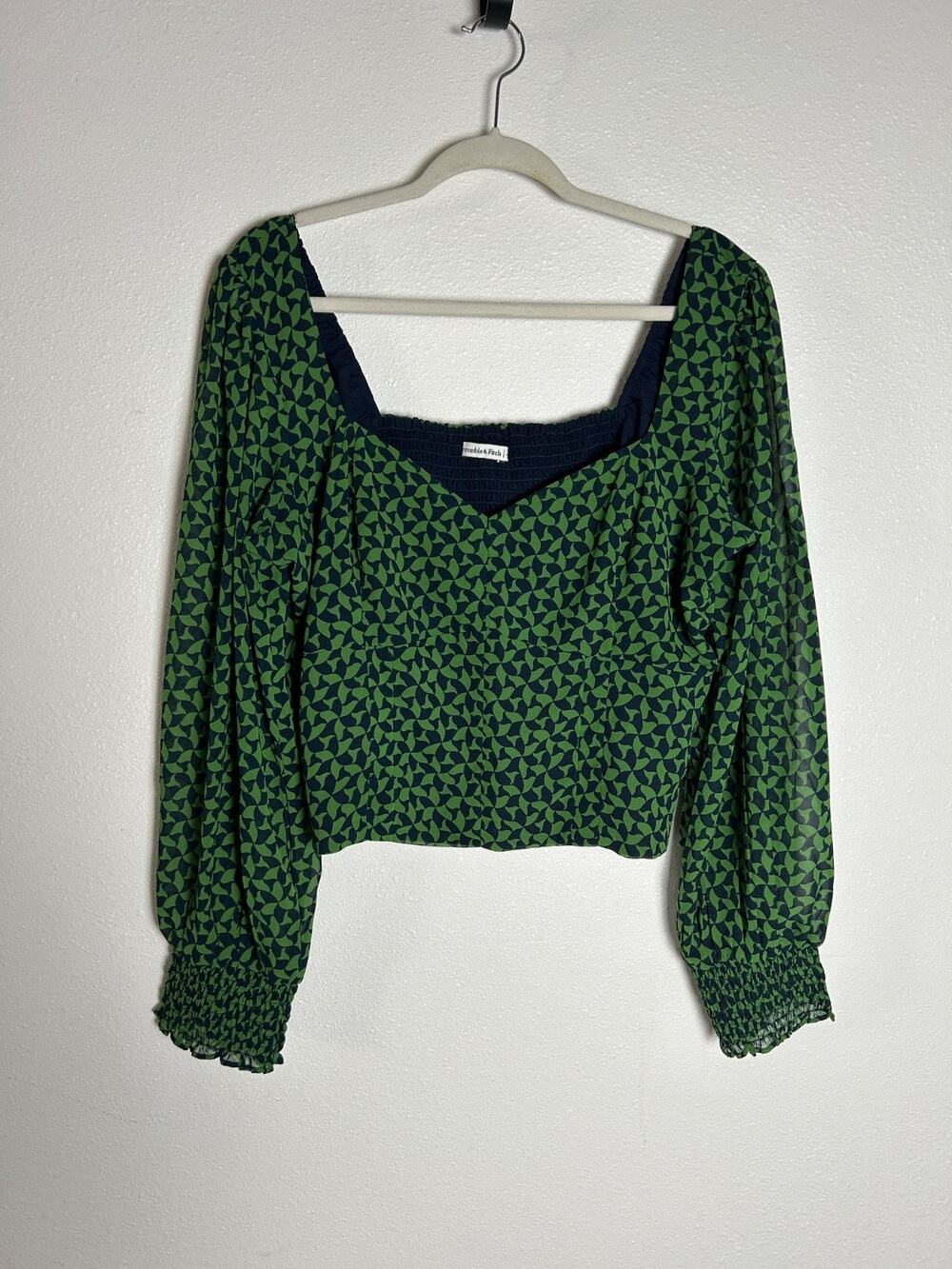Abercrombie & fitch printed puff sleeve crop top green navy size XL